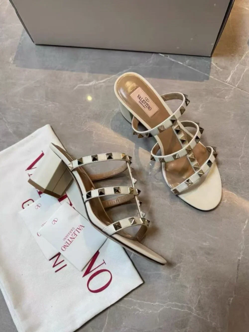 Valentino Open‑Toe Rock‑Stud Strappy White Leather Chunky‑Heel Mule Slides